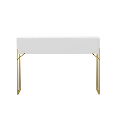 Free Standing White Elegant Fluted Wooden Computer Study Writing Desk Vanity Console Beauty Table With Golden Legs