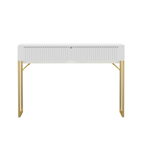 Free Standing White Elegant Fluted Wooden Computer Study Writing Desk Vanity Console Beauty Table With Golden Legs