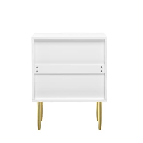 HYGRAD BUILT TO SURVIVE White Wooden 2 Drawer Chic Fluted Bedside End Sofa Table Nightstand For Living Bedroom Home With 4 Golden Legs