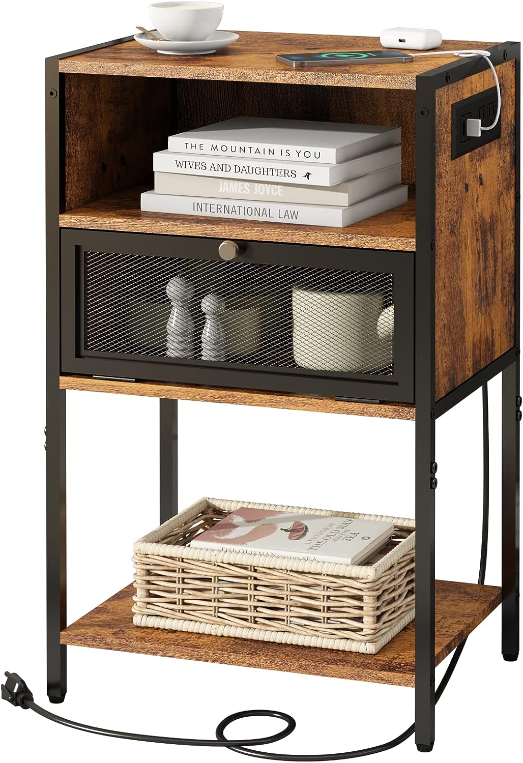 HYGRAD BUILT TO SURVIVE 3 Tier Industrial Look Wooden Nightstand Bedside Table With Drawer Storage & Charging Station UK Outlets USB Ports