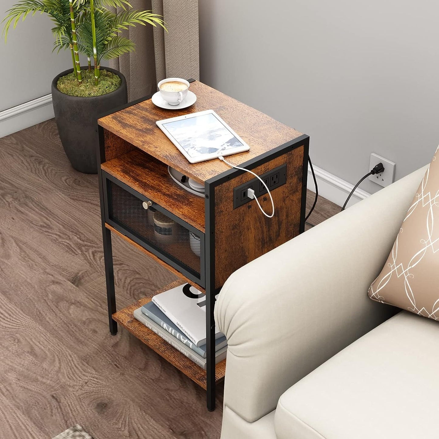 HYGRAD BUILT TO SURVIVE 3 Tier Industrial Look Wooden Nightstand Bedside Table With Drawer Storage & Charging Station UK Outlets USB Ports