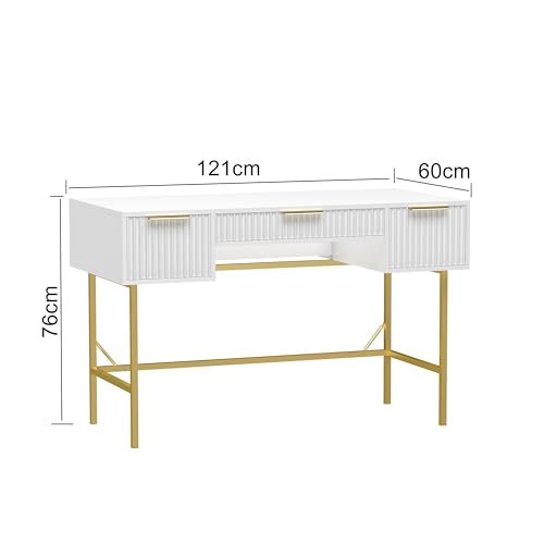 HYGRAD BUILT TO SURVIVE 121cm Wide Free Standing White Wooden Fluted Chic Writing Study Computer Desk Vanity Console Dressing Table 3 Drawers With Gold Metal Frame