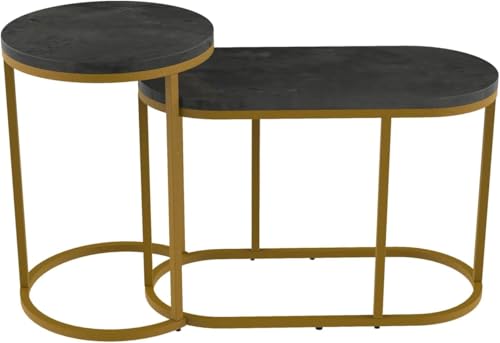 HYGRAD BUILT TO SURVIVE Set of 2 Marble/Metal Round Oval Nesting Side End Coffee Table White/Gold, White/Black, Black/Black & Black/Gold For Home Living Bed Room (Black/Gold)
