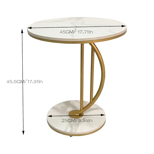 HYGRAD BUILT TO SURVIVE C Shaped Half Moon Round Sintered Stone Slab/Metal End Coffee Sofa Bed Side Centre Table With Metal Legs (White/Gold)
