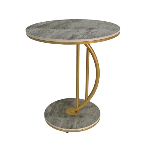 HYGRAD BUILT TO SURVIVE C Shaped Half Moon Round Sintered Stone Slab/Metal End Coffee Sofa Bed Side Centre Table With Metal Legs (Grey/Gold)