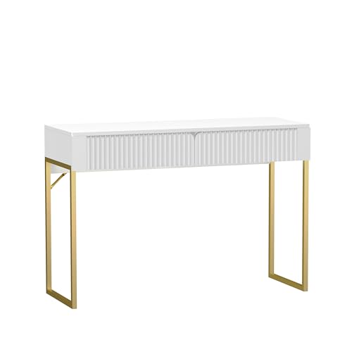 Free Standing White Elegant Fluted Wooden Computer Study Writing Desk Vanity Console Beauty Table With Golden Legs