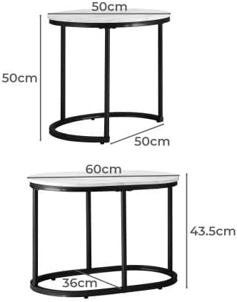 HYGRAD BUILT TO SURVIVE Set of 2 Marble/Metal Round Oval Nesting Side End Coffee Table White/Gold, White/Black, Black/Black & Black/Gold For Home Living Bed Room (Black/Gold)