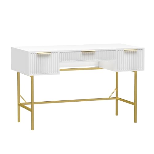 HYGRAD BUILT TO SURVIVE 121cm Wide Free Standing White Wooden Fluted Chic Writing Study Computer Desk Vanity Console Dressing Table 3 Drawers With Gold Metal Frame