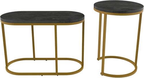 HYGRAD BUILT TO SURVIVE Set of 2 Marble/Metal Round Oval Nesting Side End Coffee Table White/Gold, White/Black, Black/Black & Black/Gold For Home Living Bed Room (Black/Gold)