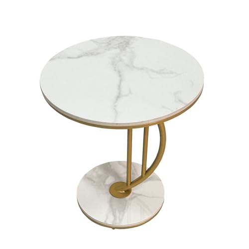 HYGRAD BUILT TO SURVIVE C Shaped Half Moon Round Sintered Stone Slab/Metal End Coffee Sofa Bed Side Centre Table With Metal Legs (White/Gold)