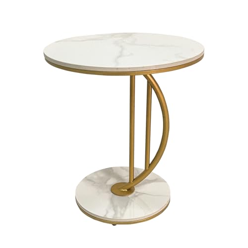 HYGRAD BUILT TO SURVIVE C Shaped Half Moon Round Sintered Stone Slab/Metal End Coffee Sofa Bed Side Centre Table With Metal Legs (White/Gold)
