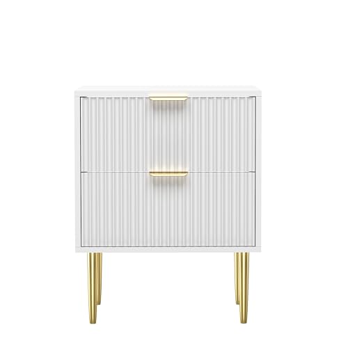 HYGRAD BUILT TO SURVIVE White Wooden 2 Drawer Chic Fluted Bedside End Sofa Table Nightstand For Living Bedroom Home With 4 Golden Legs