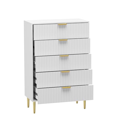 HYGRAD BUILT TO SURVIVE Free Standing White Wooden Chic Fluted Kitchen Bed Living room Chest of 5 Drawers Dresser Console Table
