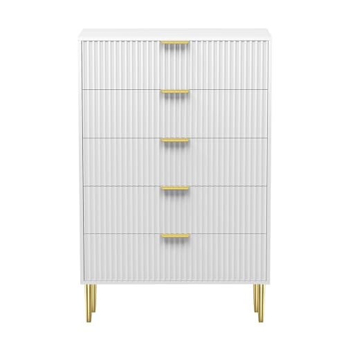 HYGRAD BUILT TO SURVIVE Free Standing White Wooden Chic Fluted Kitchen Bed Living room Chest of 5 Drawers Dresser Console Table