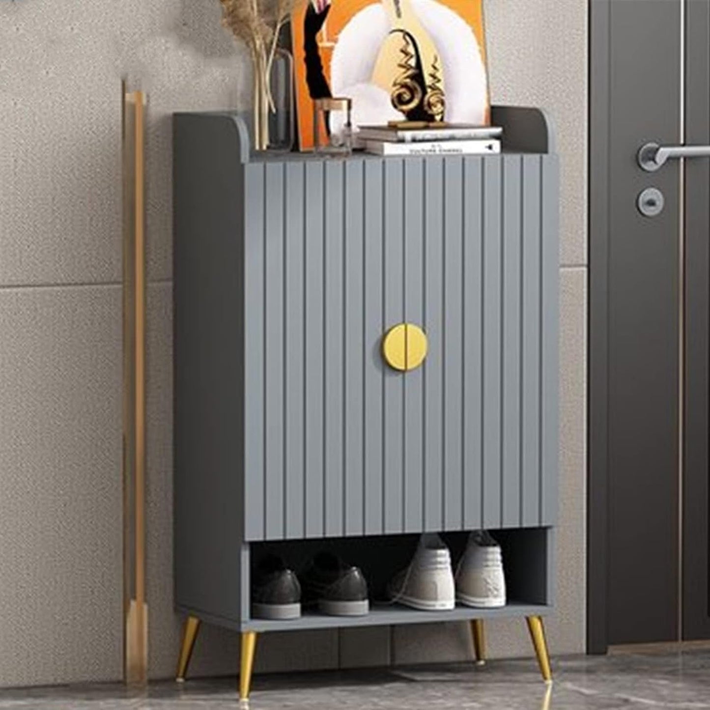 HYGRAD BUILT TO SURVIVE Modern Shoe Cabinet with 2 Doors, Open Shelf and Adjustable Shelves, Hallway Shoe Cupboard for 15 Pairs of Shoes, Entryway Storage Unit (Grey)
