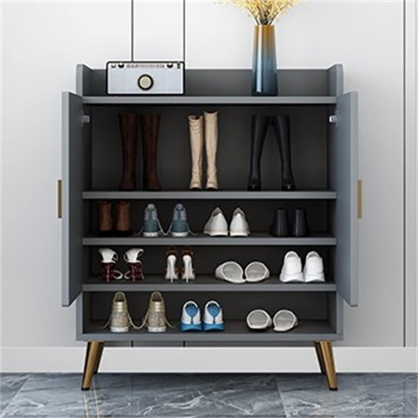 HYGRAD BUILT TO SURVIVE Modern Shoe Cabinet with 2 Doors, Open Shelf and Adjustable Shelves, Hallway Shoe Cupboard for 15 Pairs of Shoes, Entryway Storage Unit (Grey)