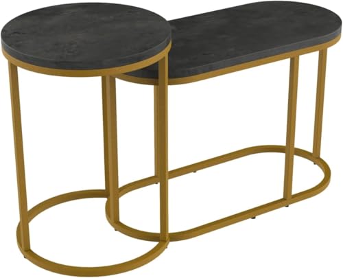 HYGRAD BUILT TO SURVIVE Set of 2 Marble/Metal Round Oval Nesting Side End Coffee Table White/Gold, White/Black, Black/Black & Black/Gold For Home Living Bed Room (Black/Gold)
