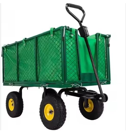 Heavy Duty Steel Garden Trolley On Wheels -Trailer 550kg Capacity, Large Folding Utility Wagon 180ยฐ Rotatable Handle, Removable Sides With Cart Liner For Camping, Beach Cart