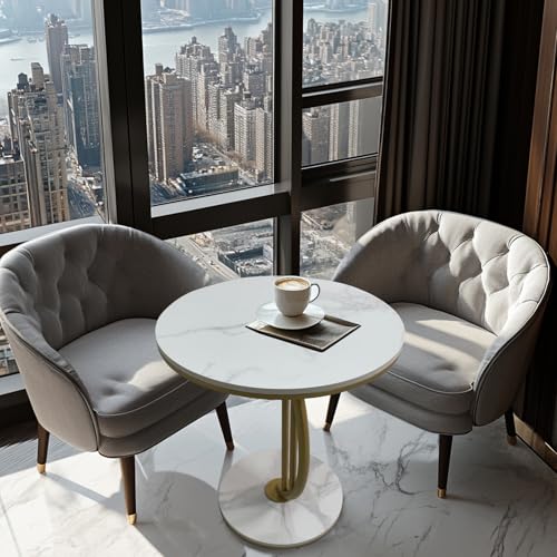 HYGRAD BUILT TO SURVIVE C Shaped Half Moon Round Sintered Stone Slab/Metal End Coffee Sofa Bed Side Centre Table With Metal Legs (White/Gold)