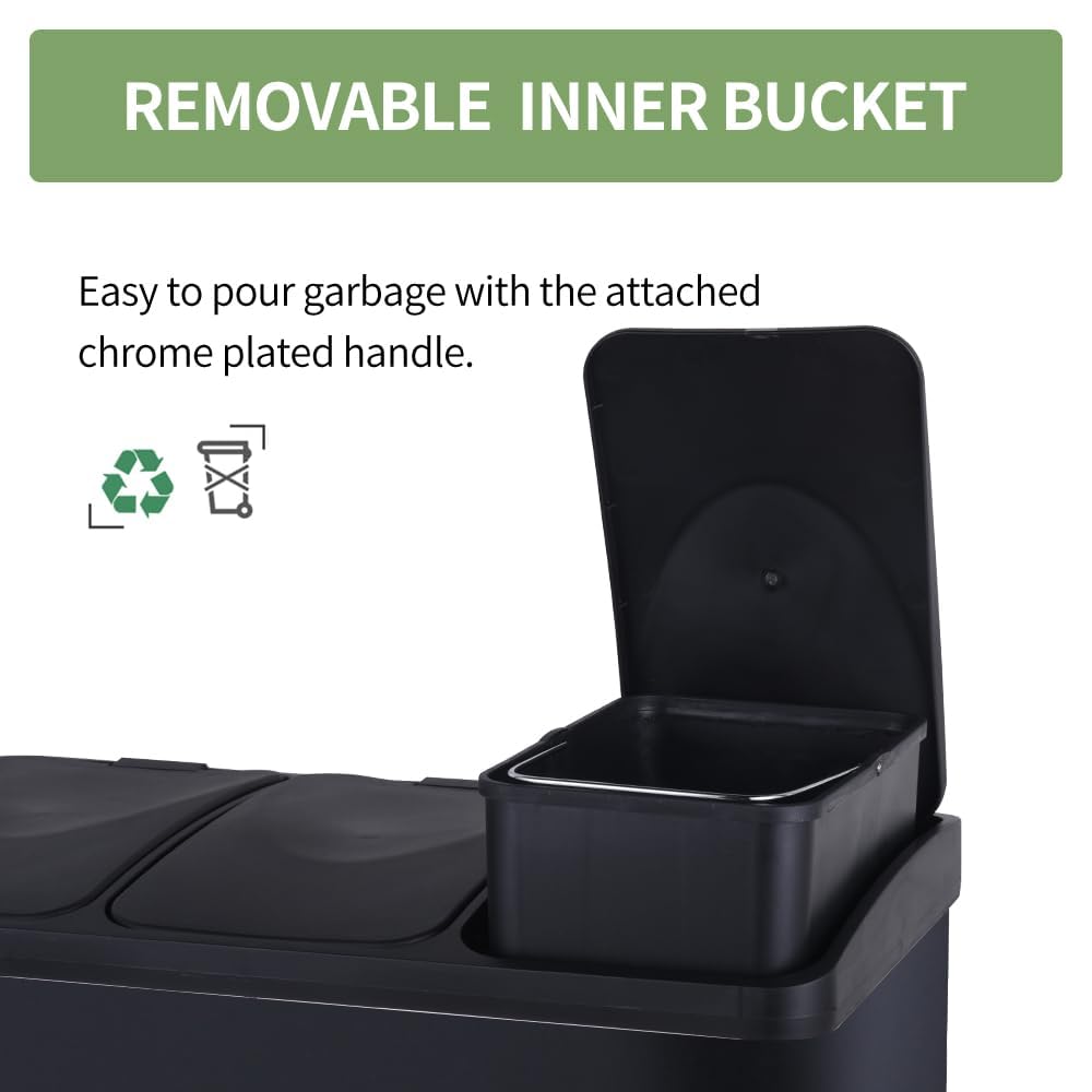 HYGRAD BUILT TO SURVIVE 3 Compartment Portable Floor Standing Metal/Plastic Pedal Recycle Trash Waste Bin Can In 45L 60L & 3 Colours With Stickers & Bin Liners (Black, 45L)
