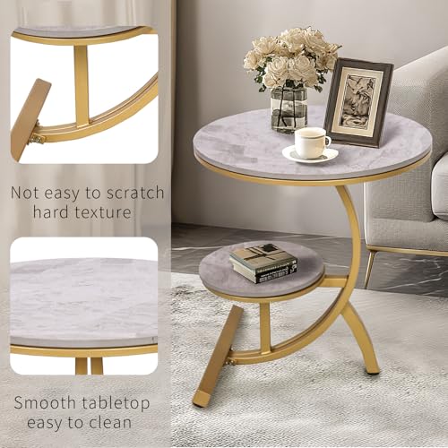 HYGRAD BUILT TO SURVIVE 2 Tier C Shaped Round Sintered Stone/Metal End Coffee Sofa Side Centre Table (Grey/Gold)
