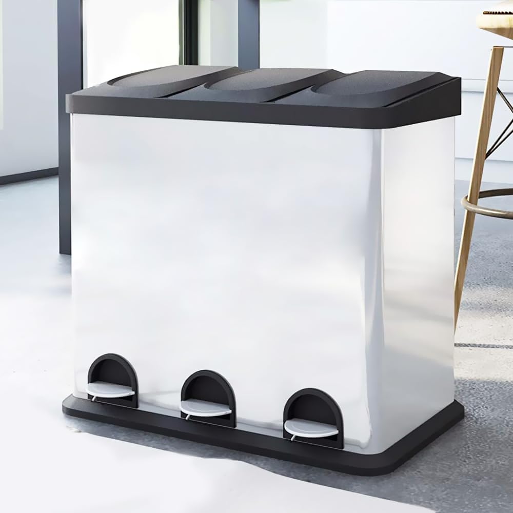 HYGRAD Kitchen Bin Recycling Bin For Kitchen Stainless Steel Triple Compartment Food Waste Bin Removable Inner Bins Kitchen Waste Compartment Bin (45L (3 x 15L Compartments))