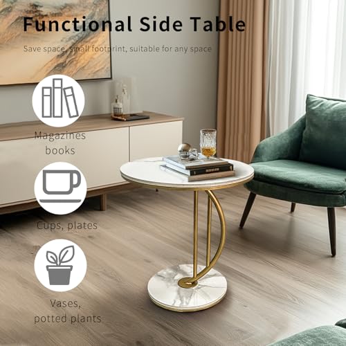 HYGRAD BUILT TO SURVIVE C Shaped Half Moon Round Sintered Stone Slab/Metal End Coffee Sofa Bed Side Centre Table With Metal Legs (White/Gold)