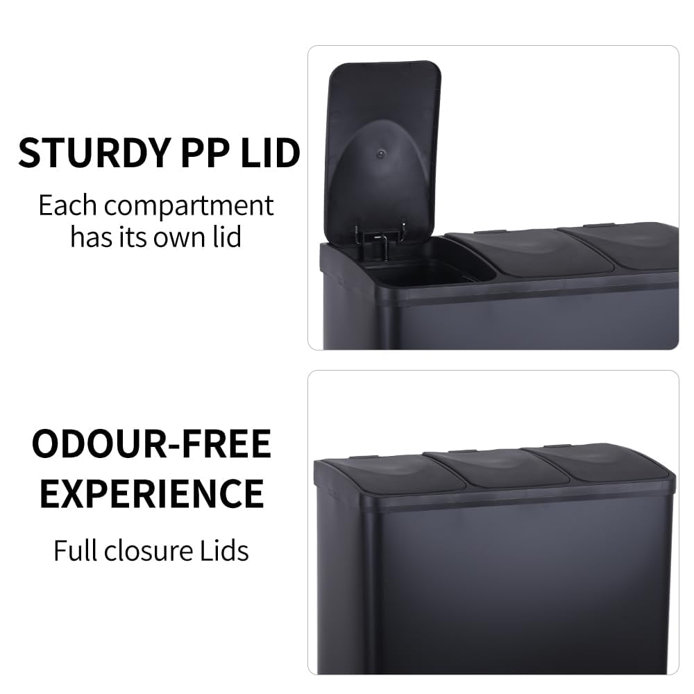 HYGRAD BUILT TO SURVIVE 3 Compartment Portable Floor Standing Metal/Plastic Pedal Recycle Trash Waste Bin Can In 45L 60L & 3 Colours With Stickers & Bin Liners (Black, 45L)