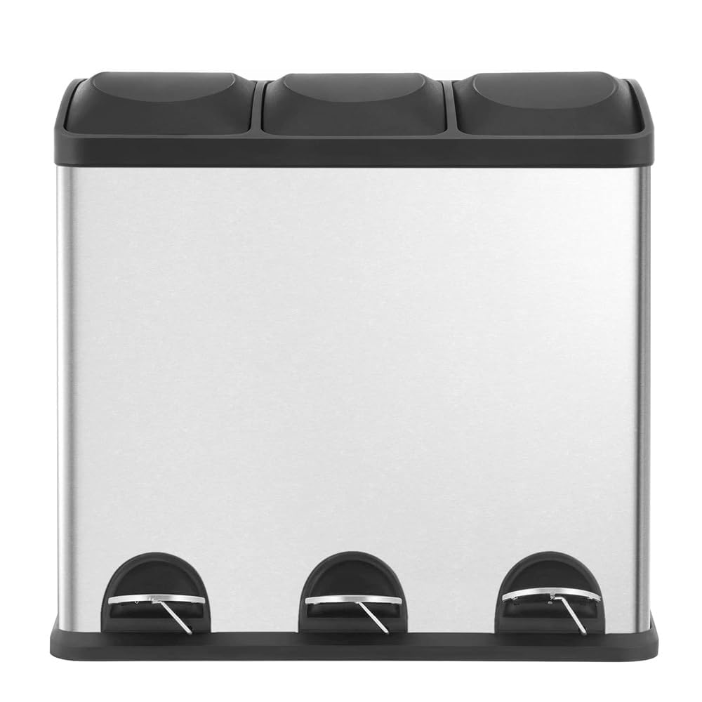 HYGRAD Kitchen Bin Recycling Bin For Kitchen Stainless Steel Triple Compartment Food Waste Bin Removable Inner Bins Kitchen Waste Compartment Bin (45L (3 x 15L Compartments))