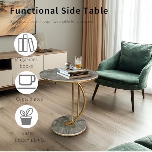 HYGRAD BUILT TO SURVIVE C Shaped Half Moon Round Sintered Stone Slab/Metal End Coffee Sofa Bed Side Centre Table With Metal Legs (Grey/Gold)