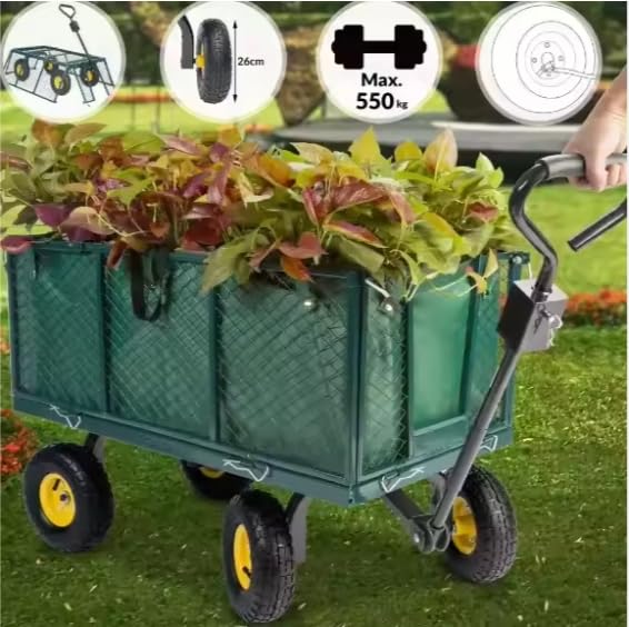 Heavy Duty Steel Garden Trolley On Wheels -Trailer 550kg Capacity, Large Folding Utility Wagon 180ยฐ Rotatable Handle, Removable Sides With Cart Liner For Camping, Beach Cart