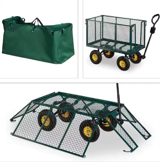 Heavy Duty Steel Garden Trolley On Wheels -Trailer 550kg Capacity, Large Folding Utility Wagon 180ยฐ Rotatable Handle, Removable Sides With Cart Liner For Camping, Beach Cart