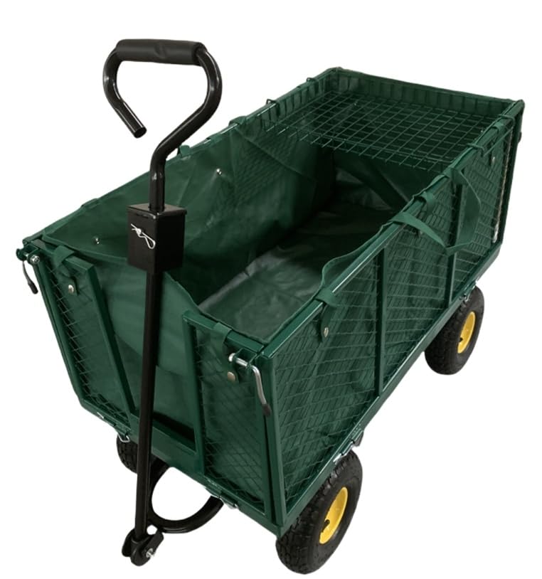 Heavy Duty Steel Garden Trolley On Wheels -Trailer 550kg Capacity, Large Folding Utility Wagon 180ยฐ Rotatable Handle, Removable Sides With Cart Liner For Camping, Beach Cart