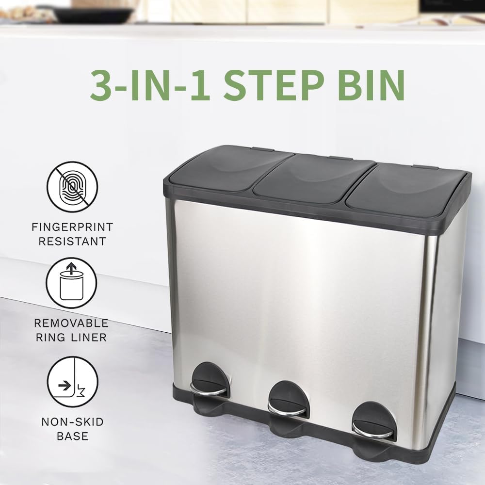 HYGRAD Kitchen Bin Recycling Bin For Kitchen Stainless Steel Triple Compartment Food Waste Bin Removable Inner Bins Kitchen Waste Compartment Bin (45L (3 x 15L Compartments))
