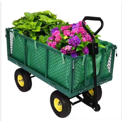 Heavy Duty Steel Garden Trolley On Wheels -Trailer 550kg Capacity, Large Folding Utility Wagon 180ยฐ Rotatable Handle, Removable Sides With Cart Liner For Camping, Beach Cart