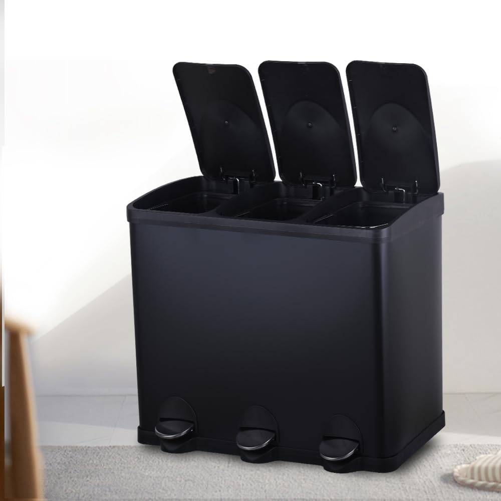 HYGRAD BUILT TO SURVIVE 3 Compartment Portable Floor Standing Metal/Plastic Pedal Recycle Trash Waste Bin Can In 45L 60L & 3 Colours With Stickers & Bin Liners (Black, 45L)