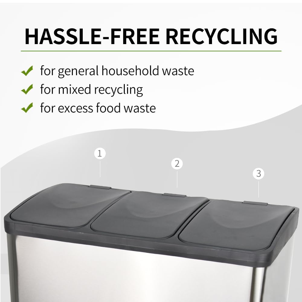 HYGRAD BUILT TO SURVIVE 3 Compartment Portable Floor Standing Metal/Plastic Pedal Recycle Trash Waste Bin Can In 45L 60L & 3 Colours With Stickers & Bin Liners (Silver, 60L)