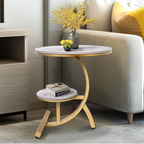 HYGRAD BUILT TO SURVIVE 2 Tier C Shaped Round Sintered Stone/Metal End Coffee Sofa Side Centre Table (Grey/Gold)