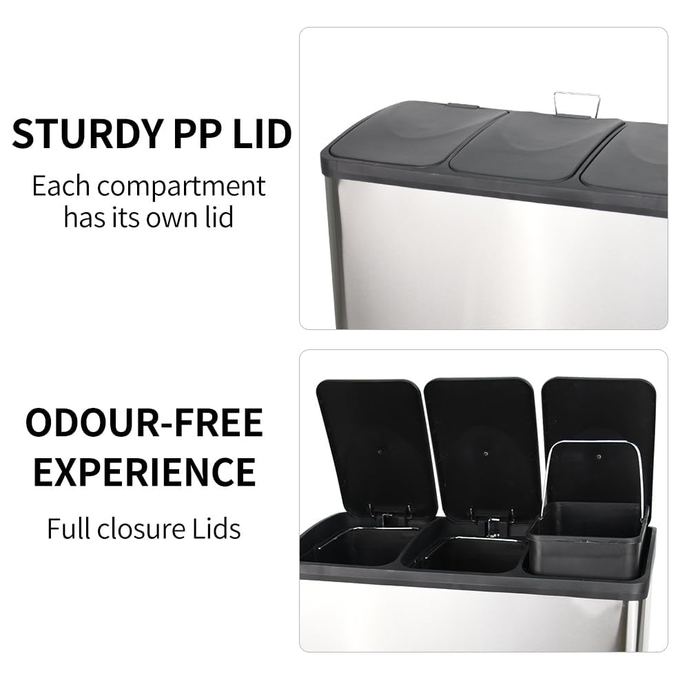 HYGRAD Kitchen Bin Recycling Bin For Kitchen Stainless Steel Triple Compartment Food Waste Bin Removable Inner Bins Kitchen Waste Compartment Bin (45L (3 x 15L Compartments))