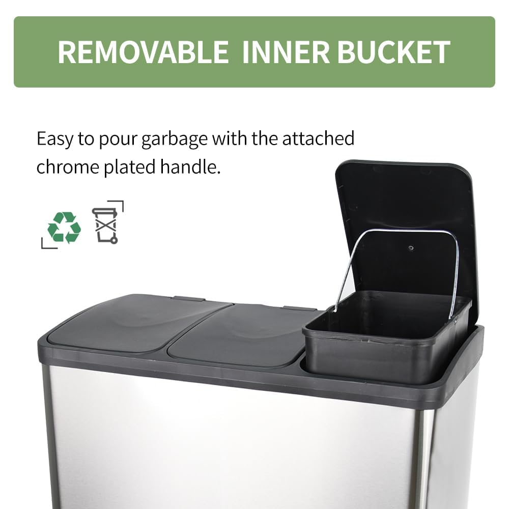 HYGRAD Kitchen Bin Recycling Bin For Kitchen Stainless Steel Triple Compartment Food Waste Bin Removable Inner Bins Kitchen Waste Compartment Bin (45L (3 x 15L Compartments))