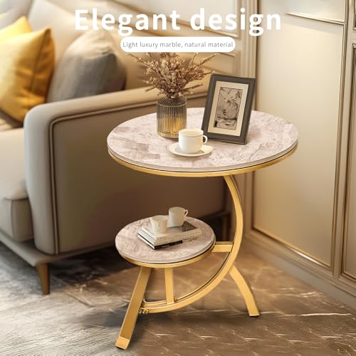 HYGRAD BUILT TO SURVIVE 2 Tier C Shaped Round Sintered Stone/Metal End Coffee Sofa Side Centre Table (Grey/Gold)