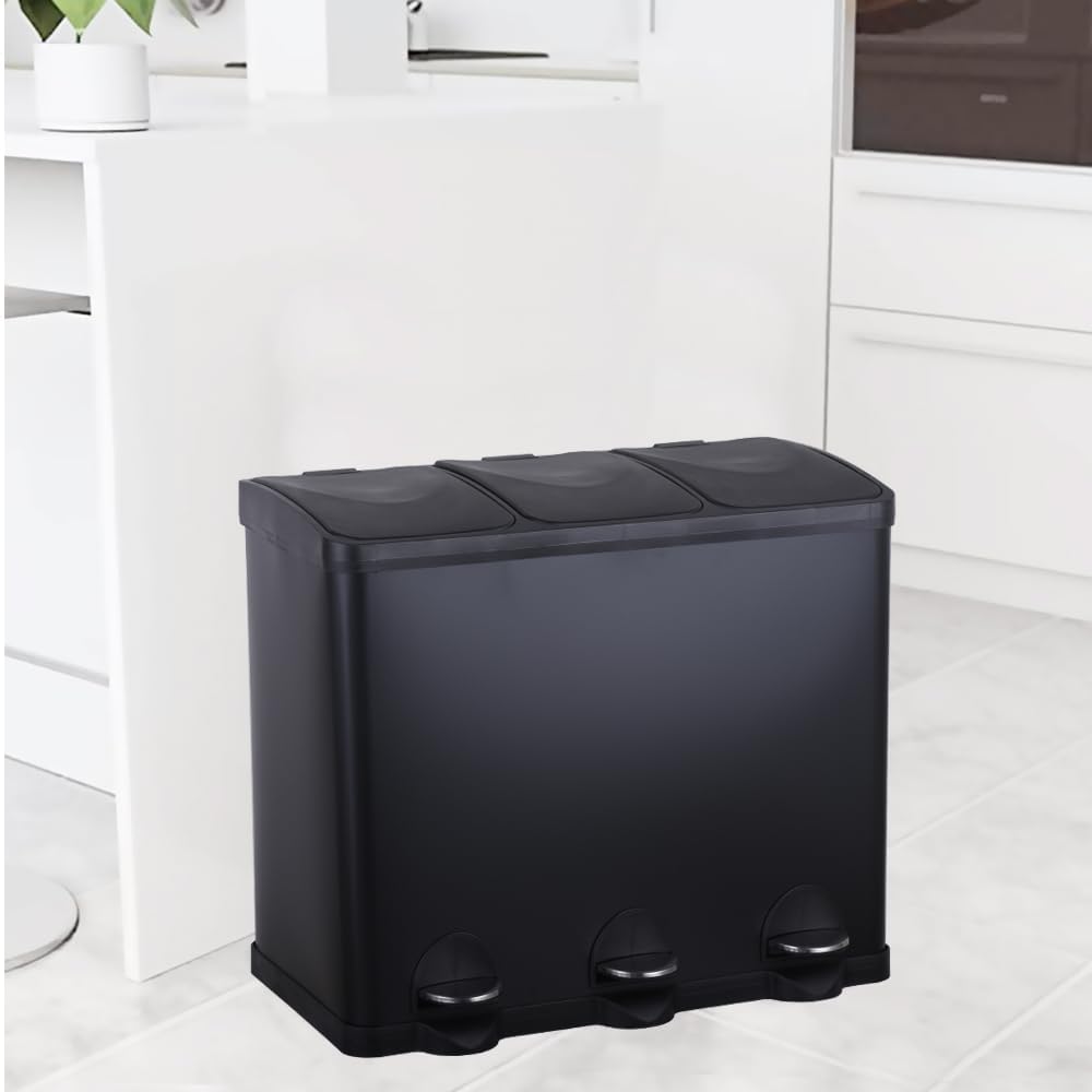 HYGRAD BUILT TO SURVIVE 3 Compartment Portable Floor Standing Metal/Plastic Pedal Recycle Trash Waste Bin Can In 45L 60L & 3 Colours With Stickers & Bin Liners (Black, 45L)