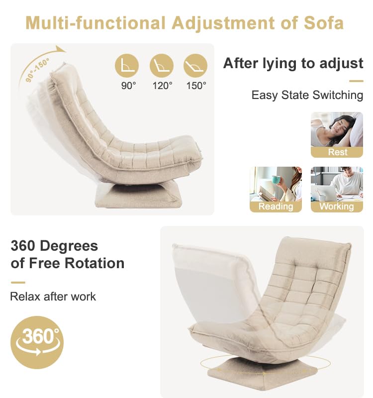 HYGRAD BUILT TO SURVIVE Swivel Armchair Chair, 5-Fold Adjustable Lazy High Lounge, Folding Swing Chair 360-Degree Rotatable With Adjustable Backrest, For Home & Living Room (Cream)