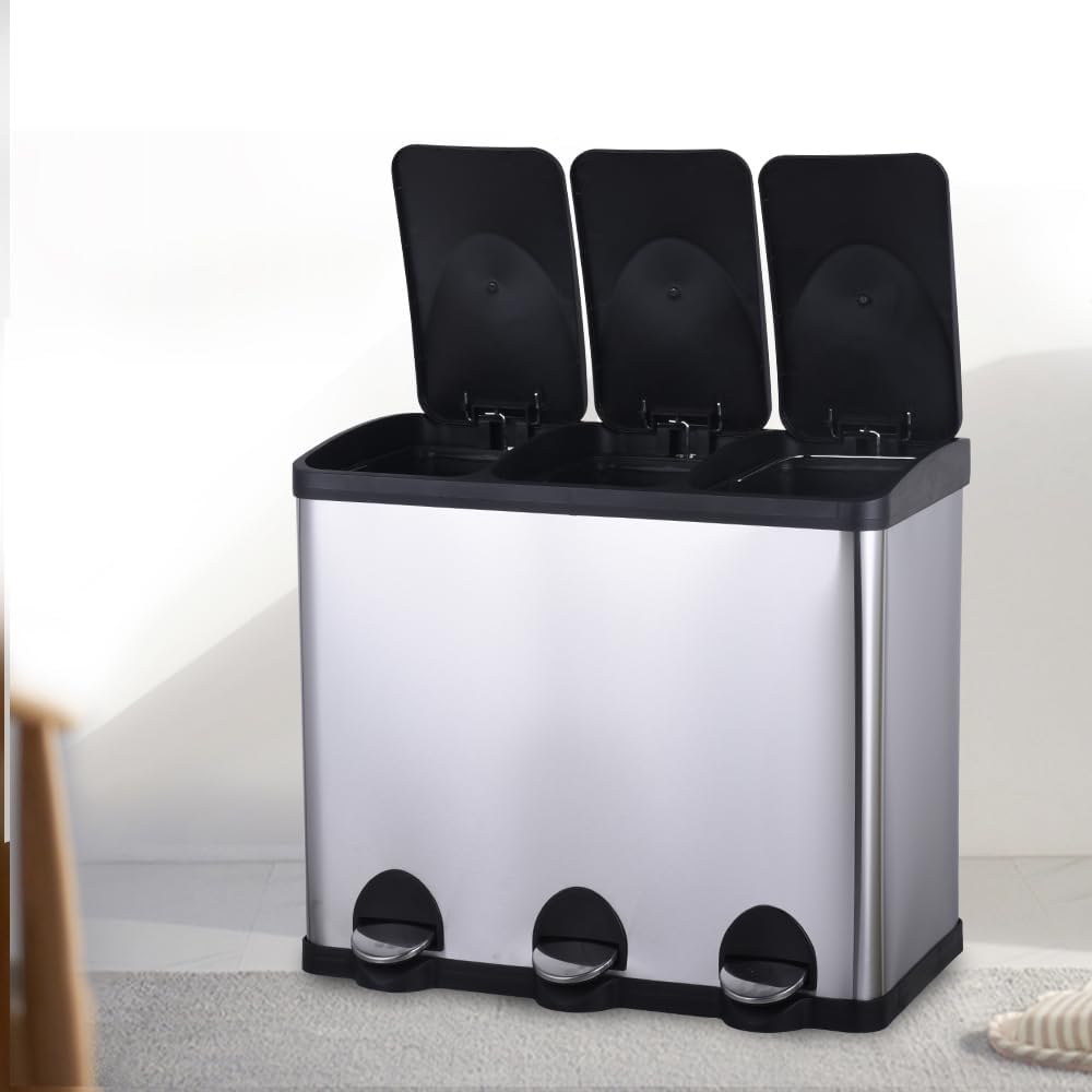 HYGRAD BUILT TO SURVIVE 3 Compartment Portable Floor Standing Metal/Plastic Pedal Recycle Trash Waste Bin Can In 45L 60L & 3 Colours With Stickers & Bin Liners (Silver, 60L)