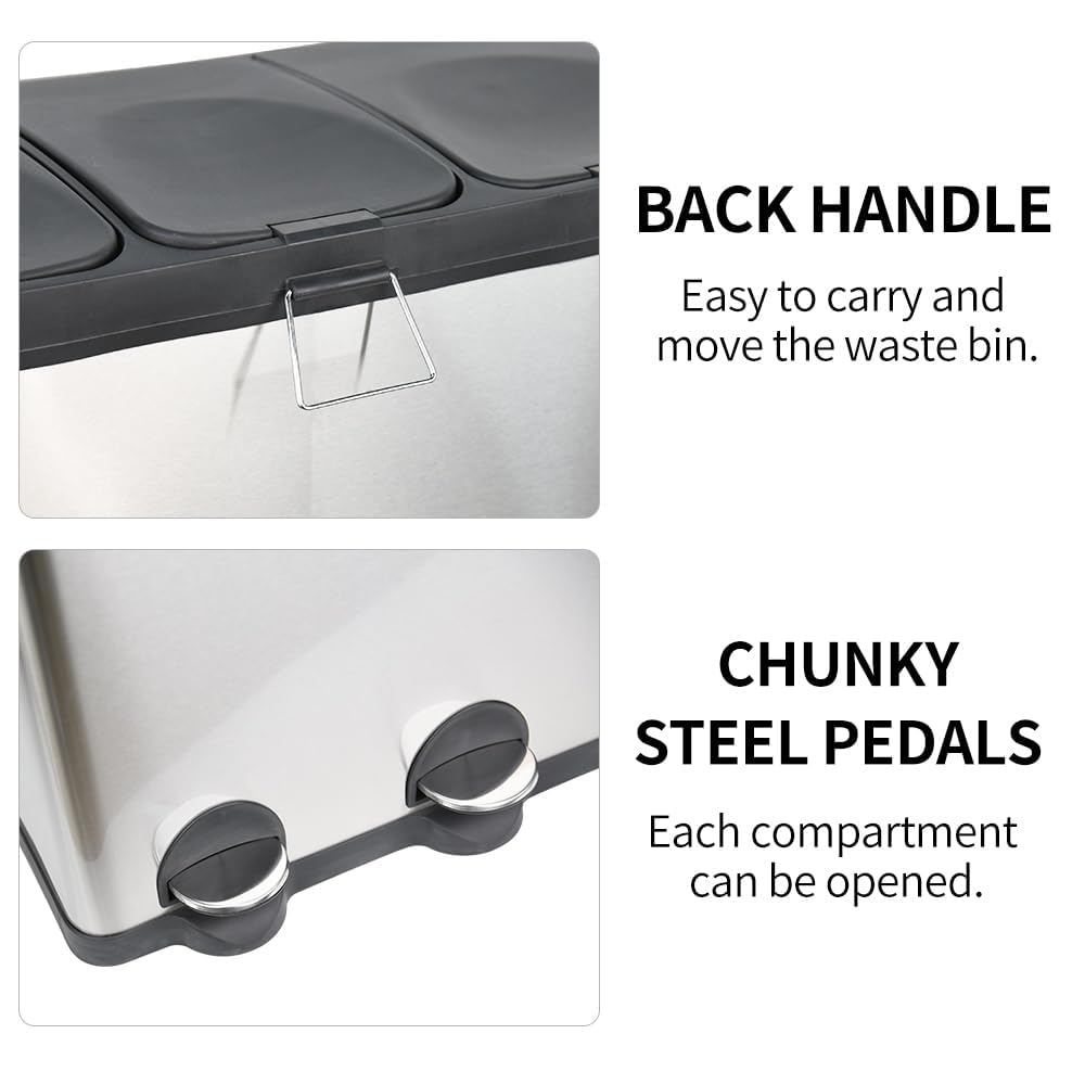 HYGRAD Kitchen Bin Recycling Bin For Kitchen Stainless Steel Triple Compartment Food Waste Bin Removable Inner Bins Kitchen Waste Compartment Bin (45L (3 x 15L Compartments))