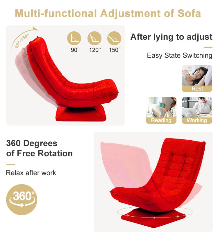 HYGRAD BUILT TO SURVIVE Swivel Armchair Chair, 5-Fold Adjustable Lazy High Lounge, Folding Swing Chair 360-Degree Rotatable With Adjustable Backrest, For Home & Living Room (Red)