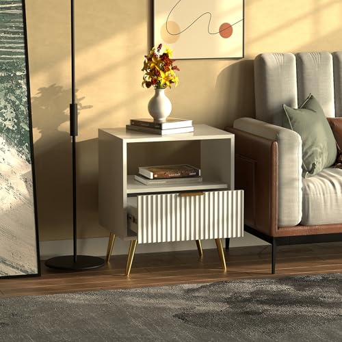 HYGRAD BUILT TO SURVIVE Free Standing White Wooden Chic Modern Bedside Sofa End Table Nightstand With Metal Golden Legs For Bedroom Living Room