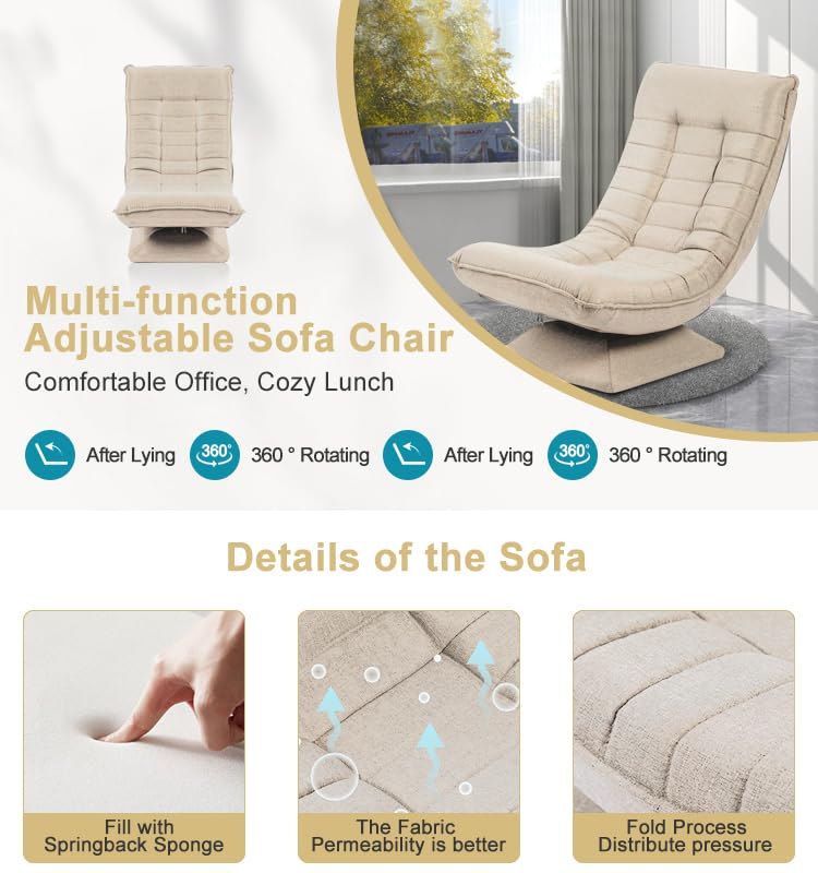 HYGRAD BUILT TO SURVIVE Swivel Armchair Chair, 5-Fold Adjustable Lazy High Lounge, Folding Swing Chair 360-Degree Rotatable With Adjustable Backrest, For Home & Living Room (Cream)