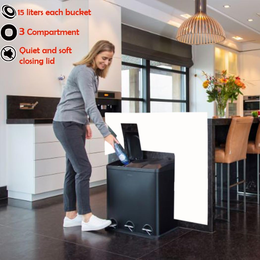 HYGRAD BUILT TO SURVIVE 3 Compartment Portable Floor Standing Metal/Plastic Pedal Recycle Trash Waste Bin Can In 45L 60L & 3 Colours With Stickers & Bin Liners (Black, 45L)