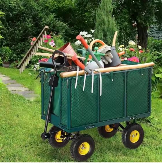 Heavy Duty Steel Garden Trolley On Wheels -Trailer 550kg Capacity, Large Folding Utility Wagon 180ยฐ Rotatable Handle, Removable Sides With Cart Liner For Camping, Beach Cart